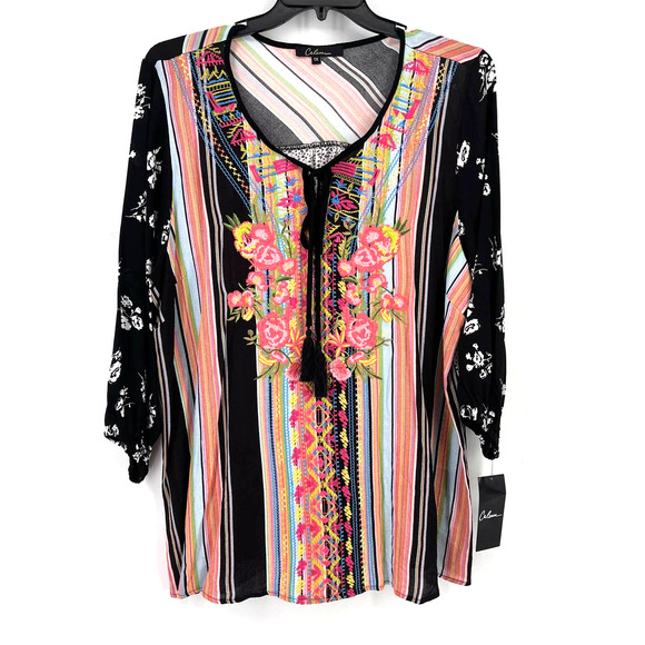 New Calessa Boho Floral Embroidered Stripe Tunic Shirt Size Small Black Pink - Picture 1 of 8